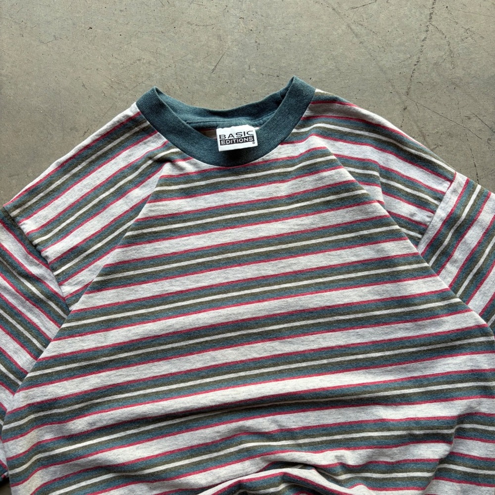 Vintage 90s Basic Editions Striped T-Shirt Mens Large Grey Teal Red Made in USA